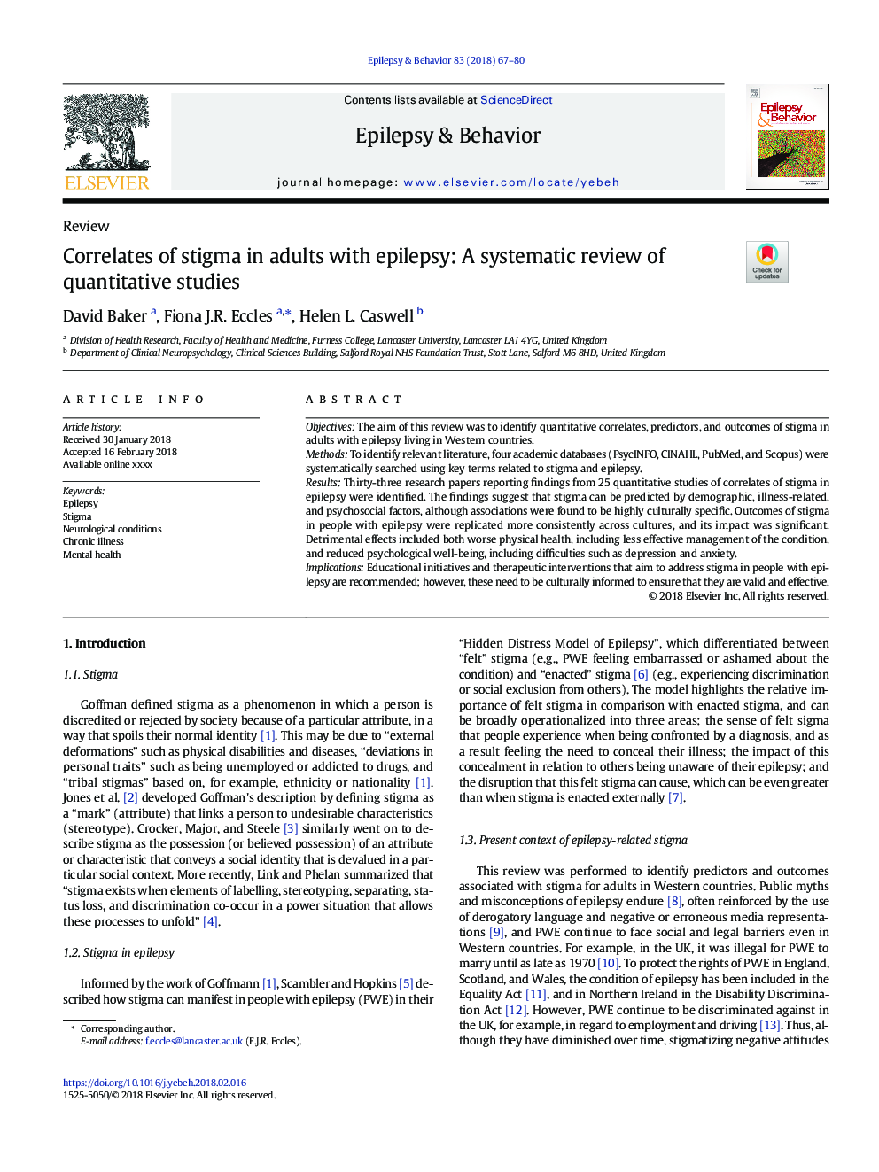 Correlates of stigma in adults with epilepsy: A systematic review of quantitative studies