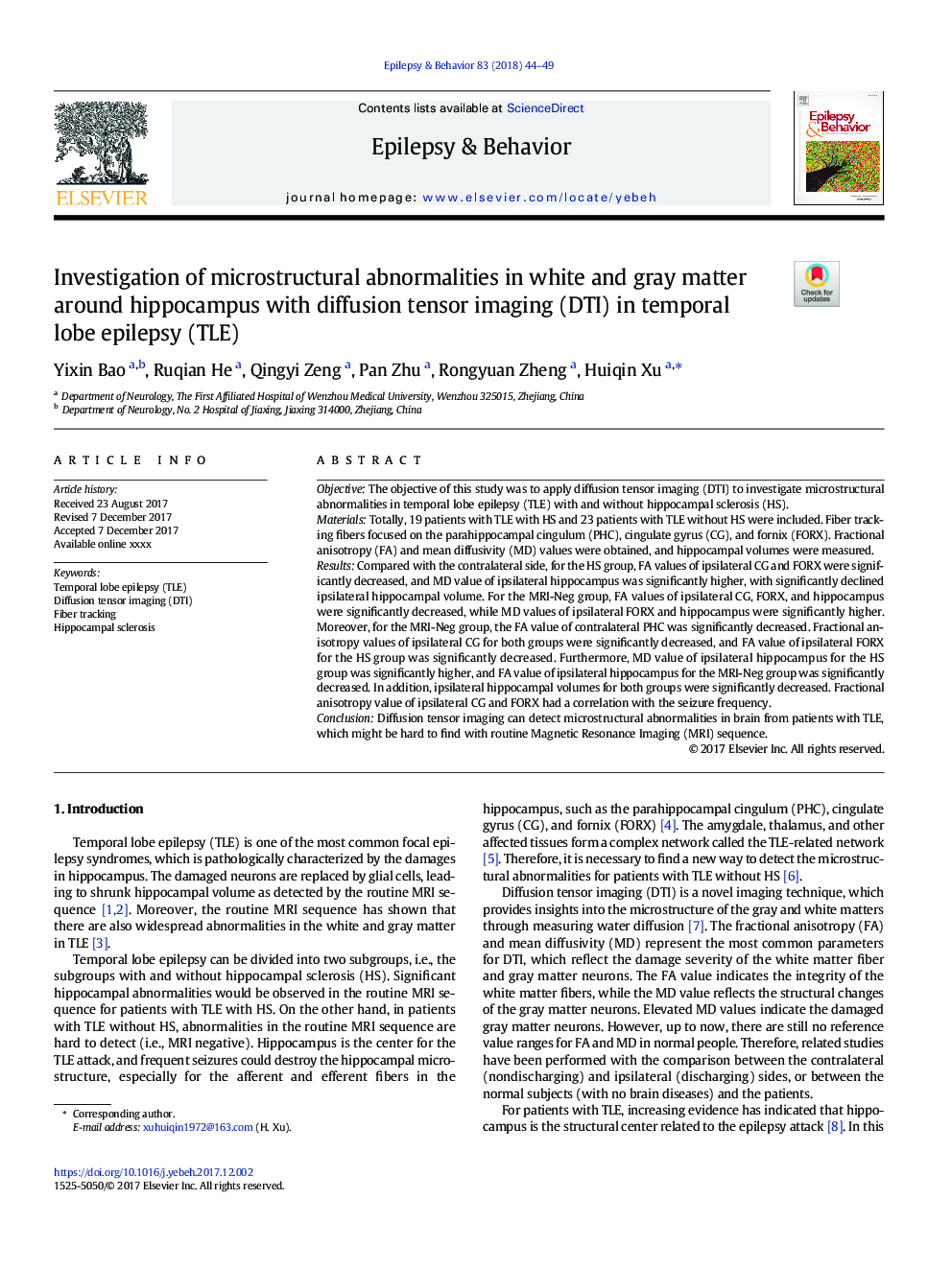 Investigation of microstructural abnormalities in white and gray matter around hippocampus with diffusion tensor imaging (DTI) in temporal lobe epilepsy (TLE)