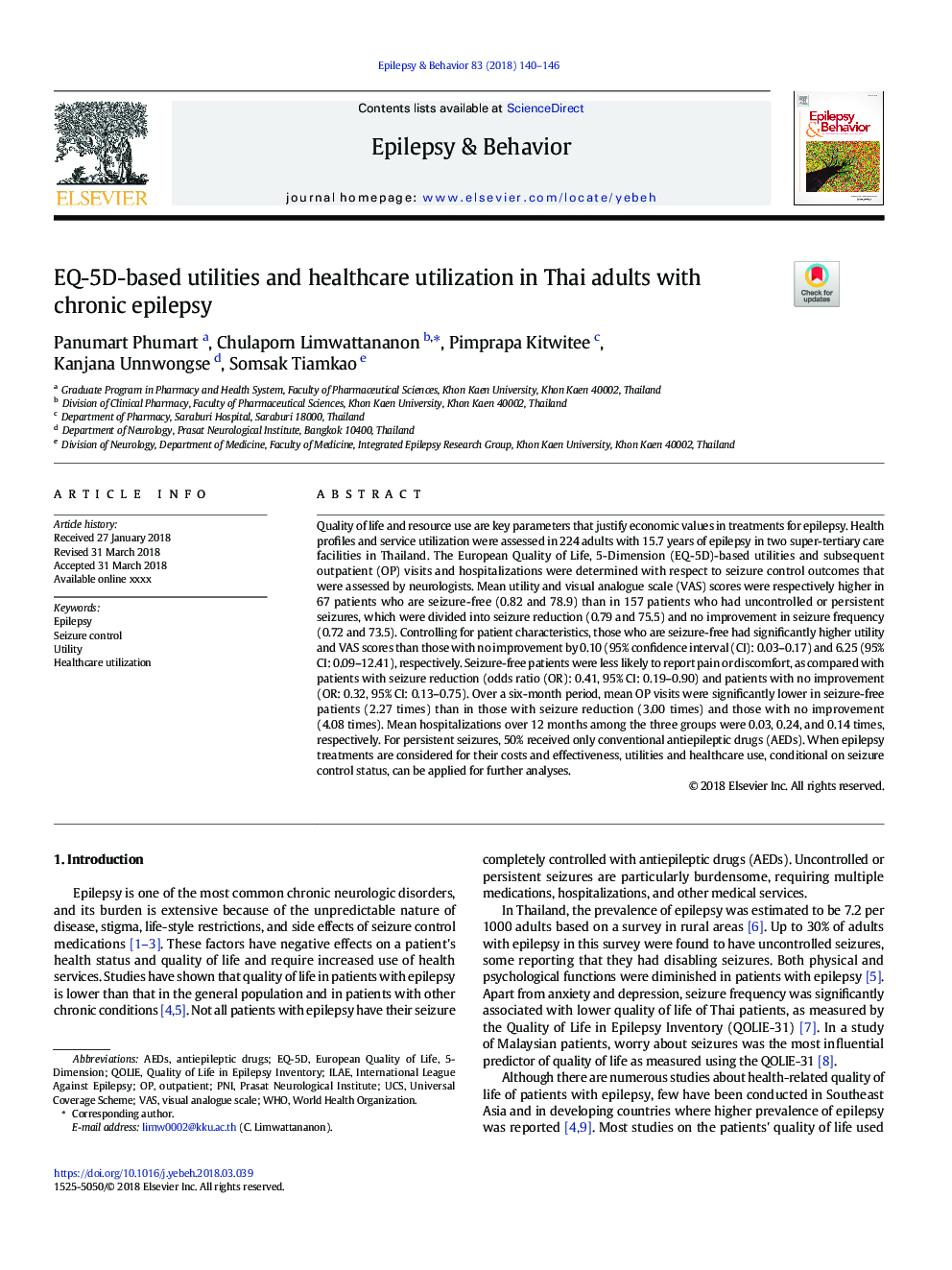 EQ-5D-based utilities and healthcare utilization in Thai adults with chronic epilepsy