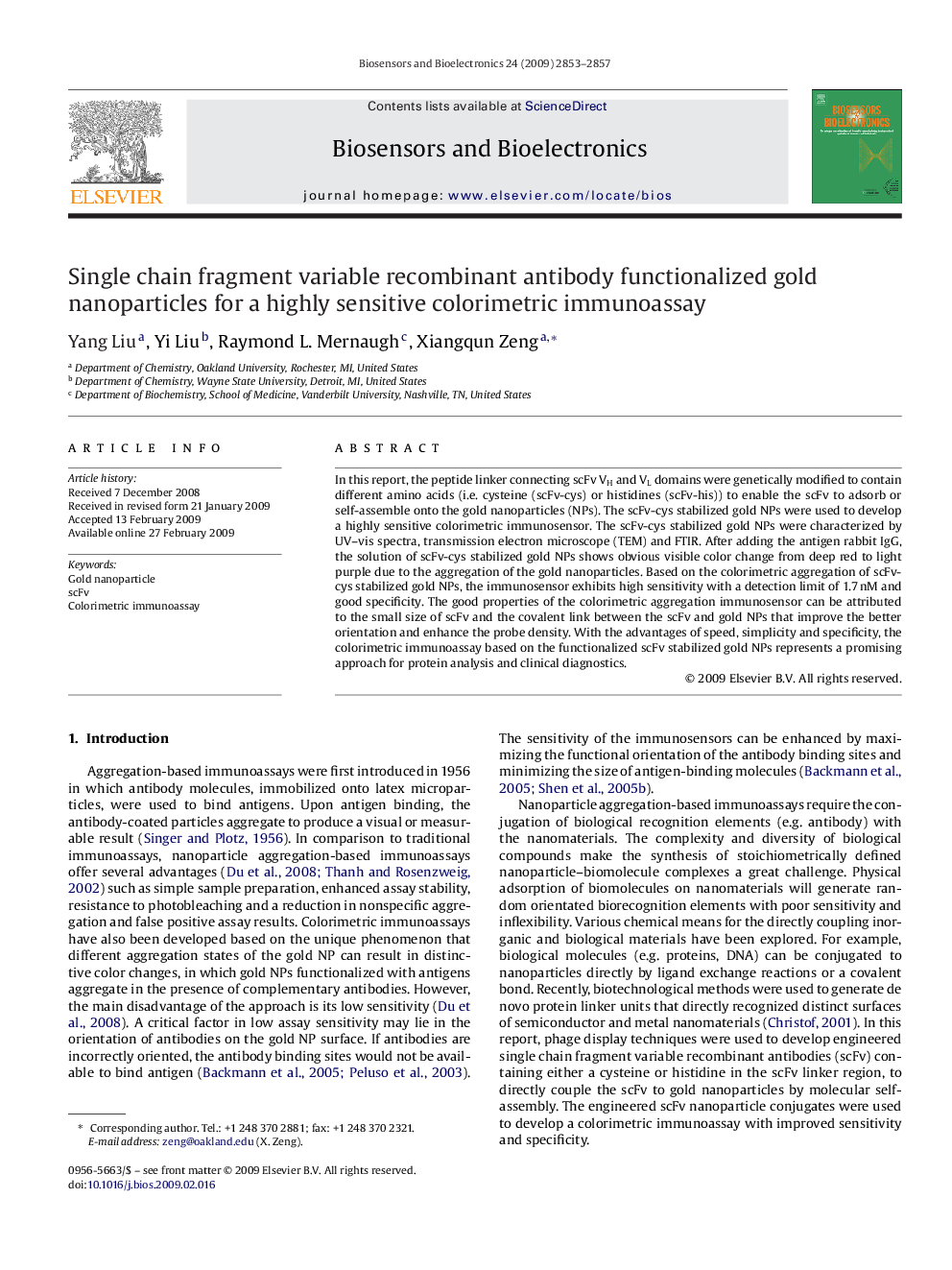 Single chain fragment variable recombinant antibody functionalized gold nanoparticles for a highly sensitive colorimetric immunoassay