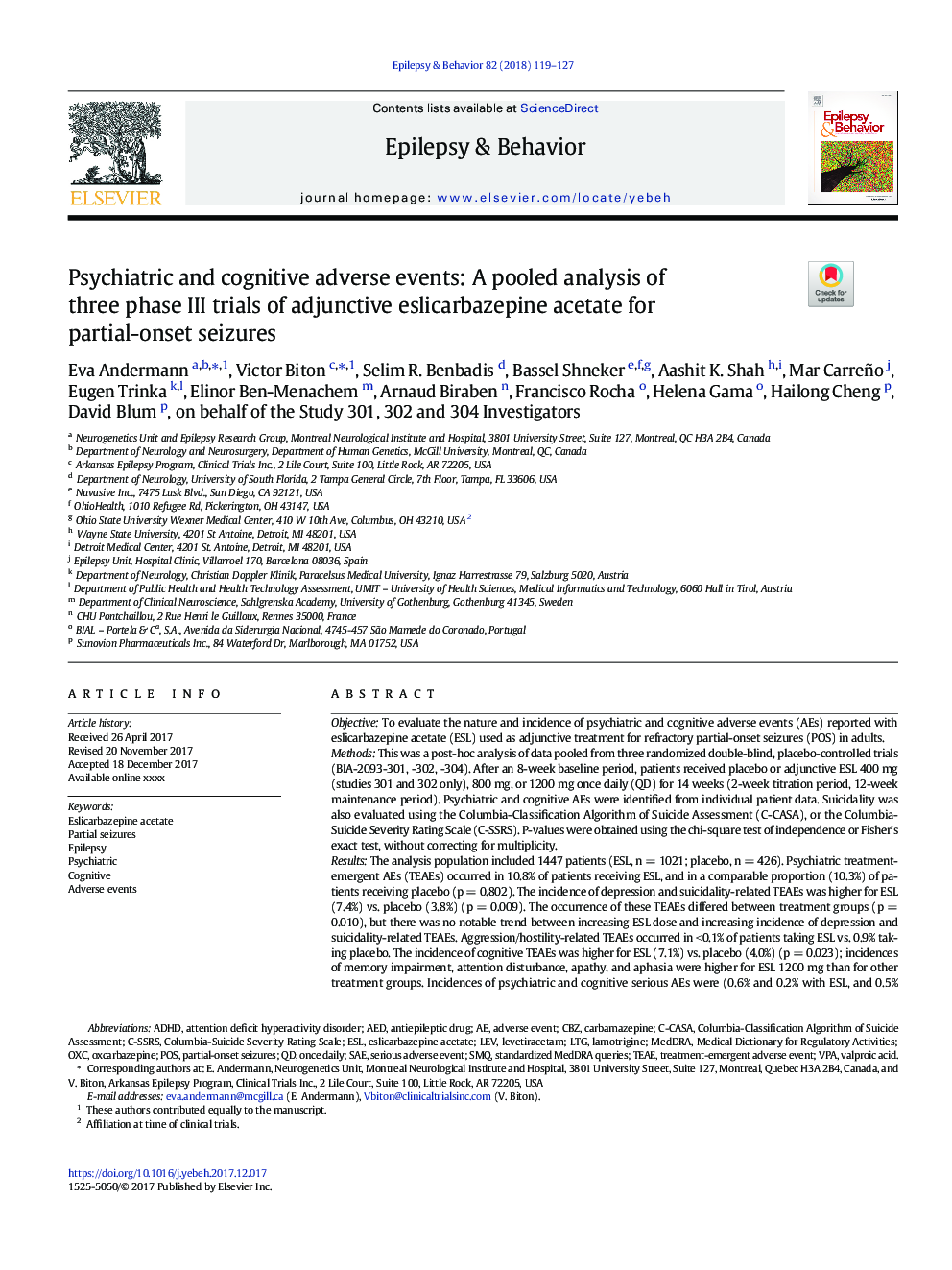 Psychiatric and cognitive adverse events: A pooled analysis of three phase III trials of adjunctive eslicarbazepine acetate for partial-onset seizures