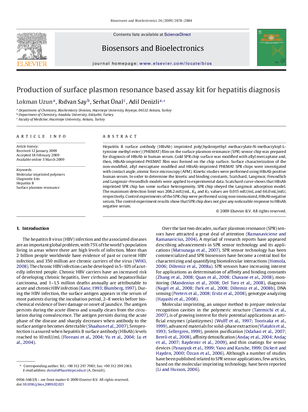 Production of surface plasmon resonance based assay kit for hepatitis diagnosis