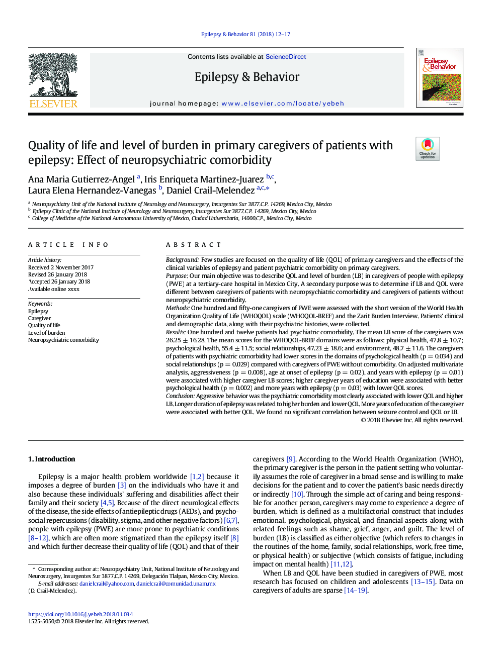 Quality of life and level of burden in primary caregivers of patients with epilepsy: Effect of neuropsychiatric comorbidity