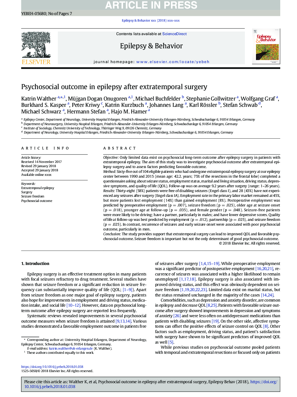 Psychosocial outcome in epilepsy after extratemporal surgery