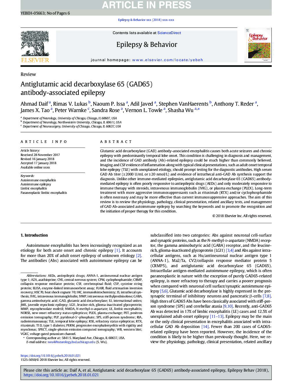 Antiglutamic acid decarboxylase 65 (GAD65) antibody-associated epilepsy