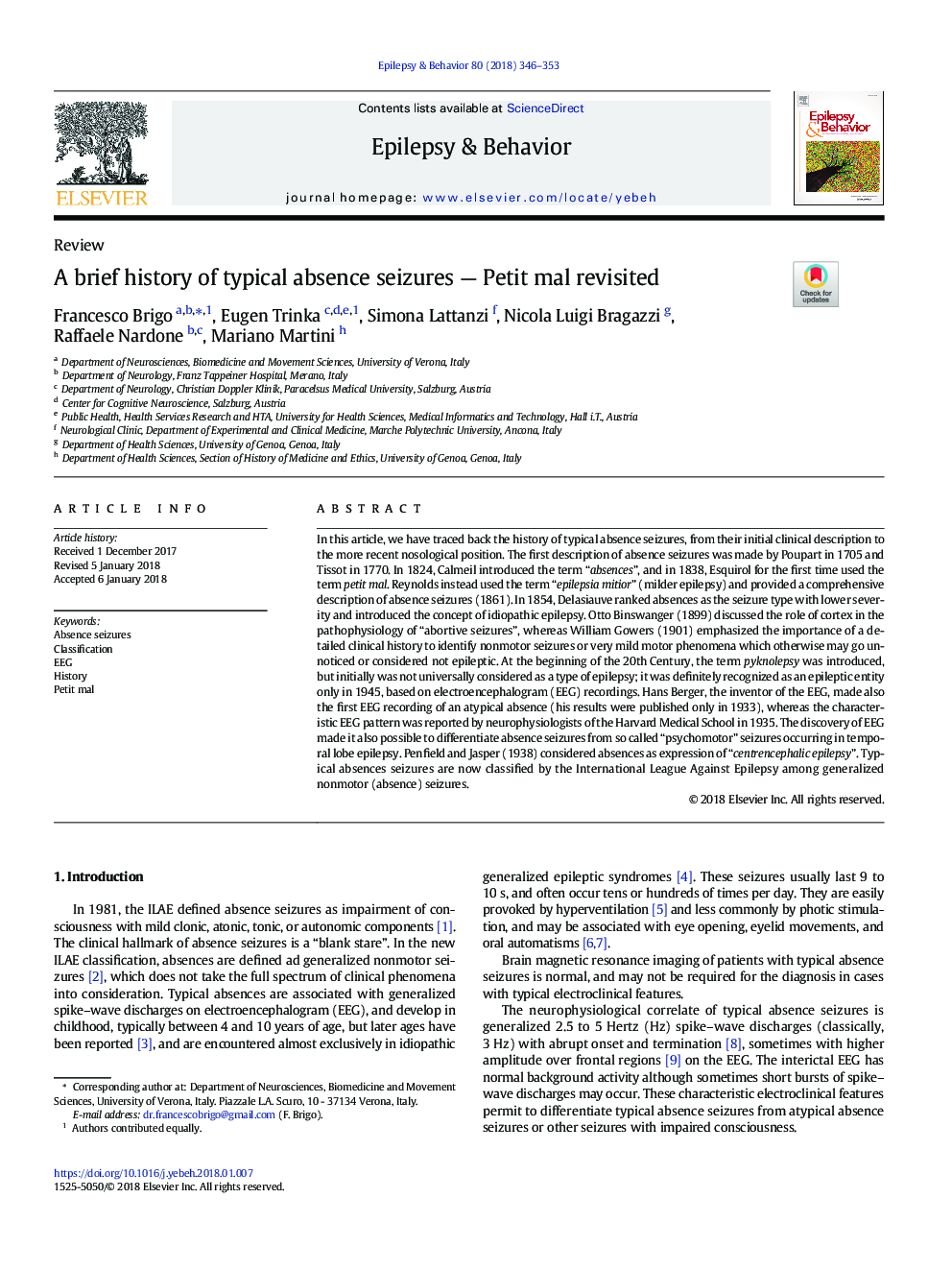 A brief history of typical absence seizures - Petit mal revisited