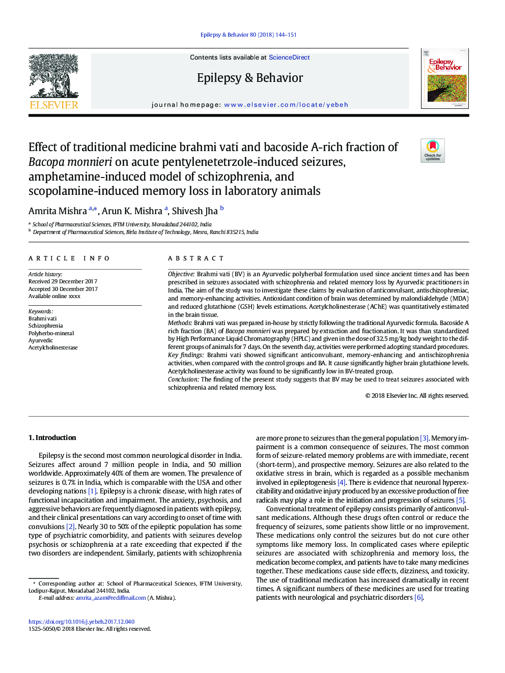 Effect of traditional medicine brahmi vati and bacoside A-rich fraction of Bacopa monnieri on acute pentylenetetrzole-induced seizures, amphetamine-induced model of schizophrenia, and scopolamine-induced memory loss in laboratory animals