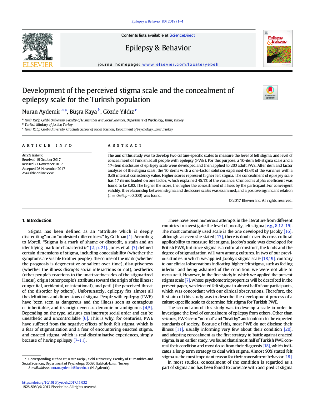 Development of the perceived stigma scale and the concealment of epilepsy scale for the Turkish population