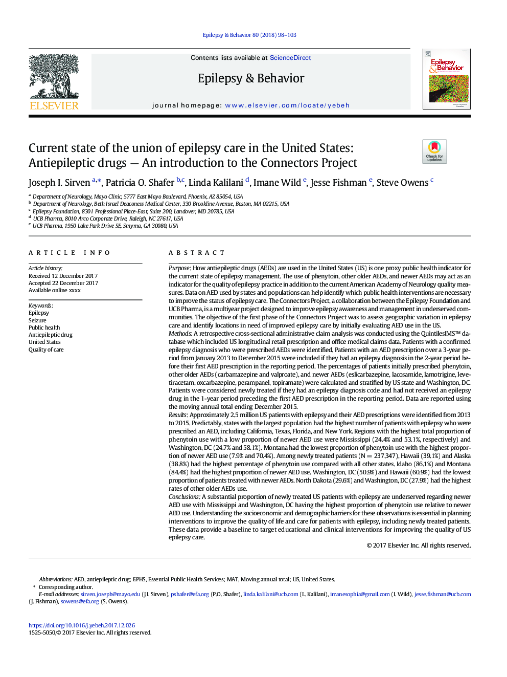 Current state of the union of epilepsy care in the United States: Antiepileptic drugs - An introduction to the Connectors Project