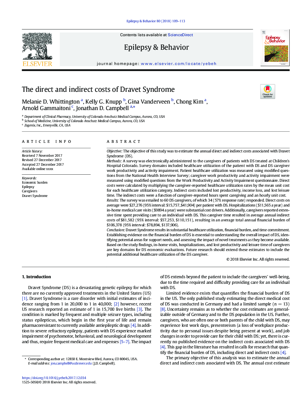 The direct and indirect costs of Dravet Syndrome