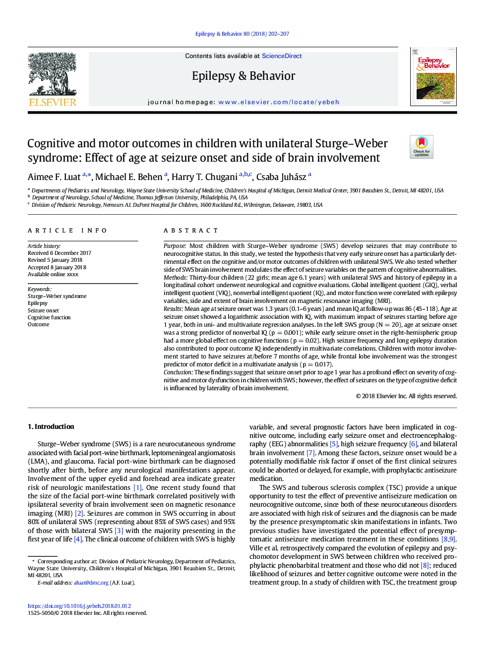 Cognitive and motor outcomes in children with unilateral Sturge-Weber syndrome: Effect of age at seizure onset and side of brain involvement