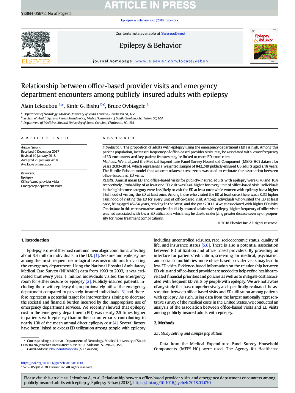 Relationship between office-based provider visits and emergency department encounters among publicly-insured adults with epilepsy