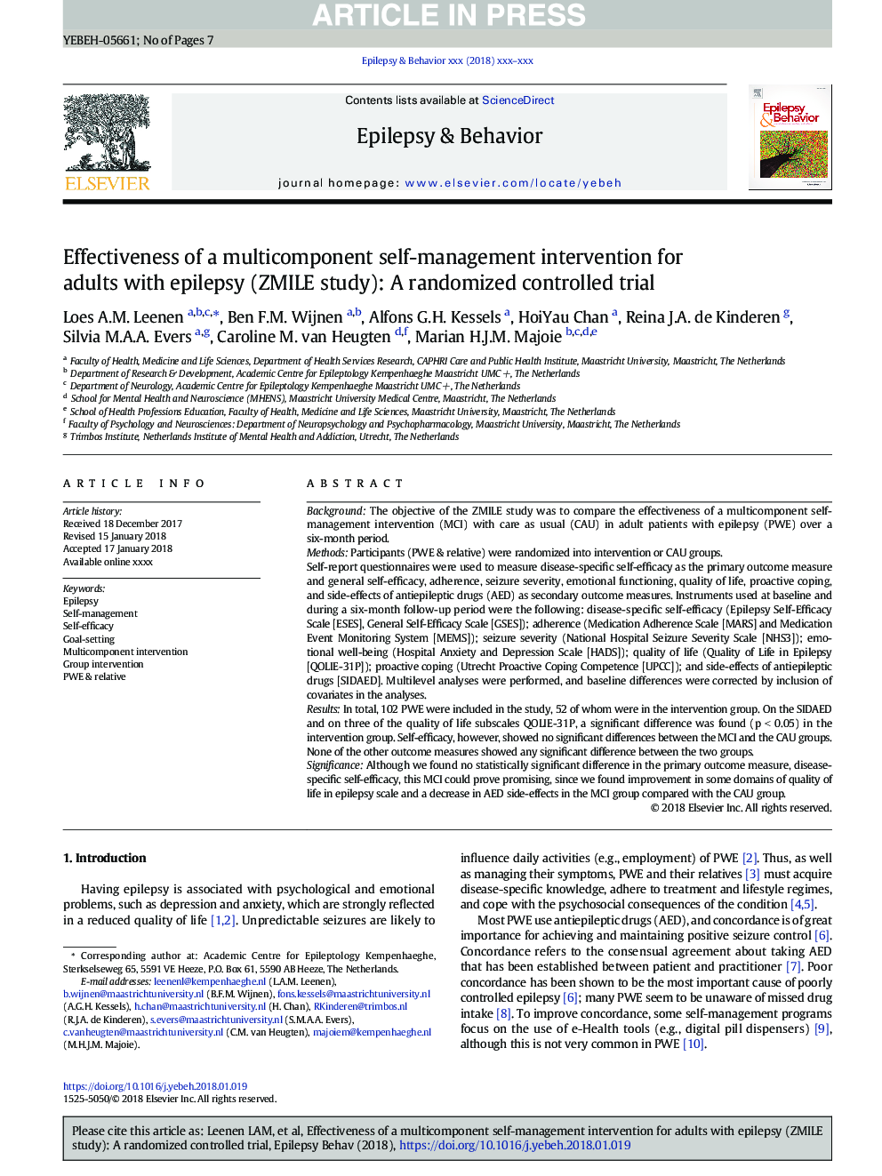 Effectiveness of a multicomponent self-management intervention for adults with epilepsy (ZMILE study): A randomized controlled trial