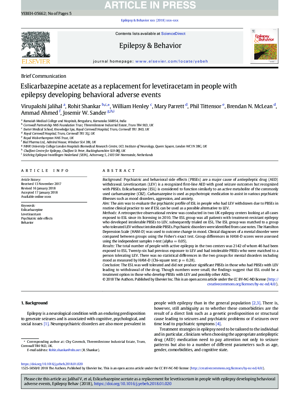 Eslicarbazepine acetate as a replacement for levetiracetam in people with epilepsy developing behavioral adverse events