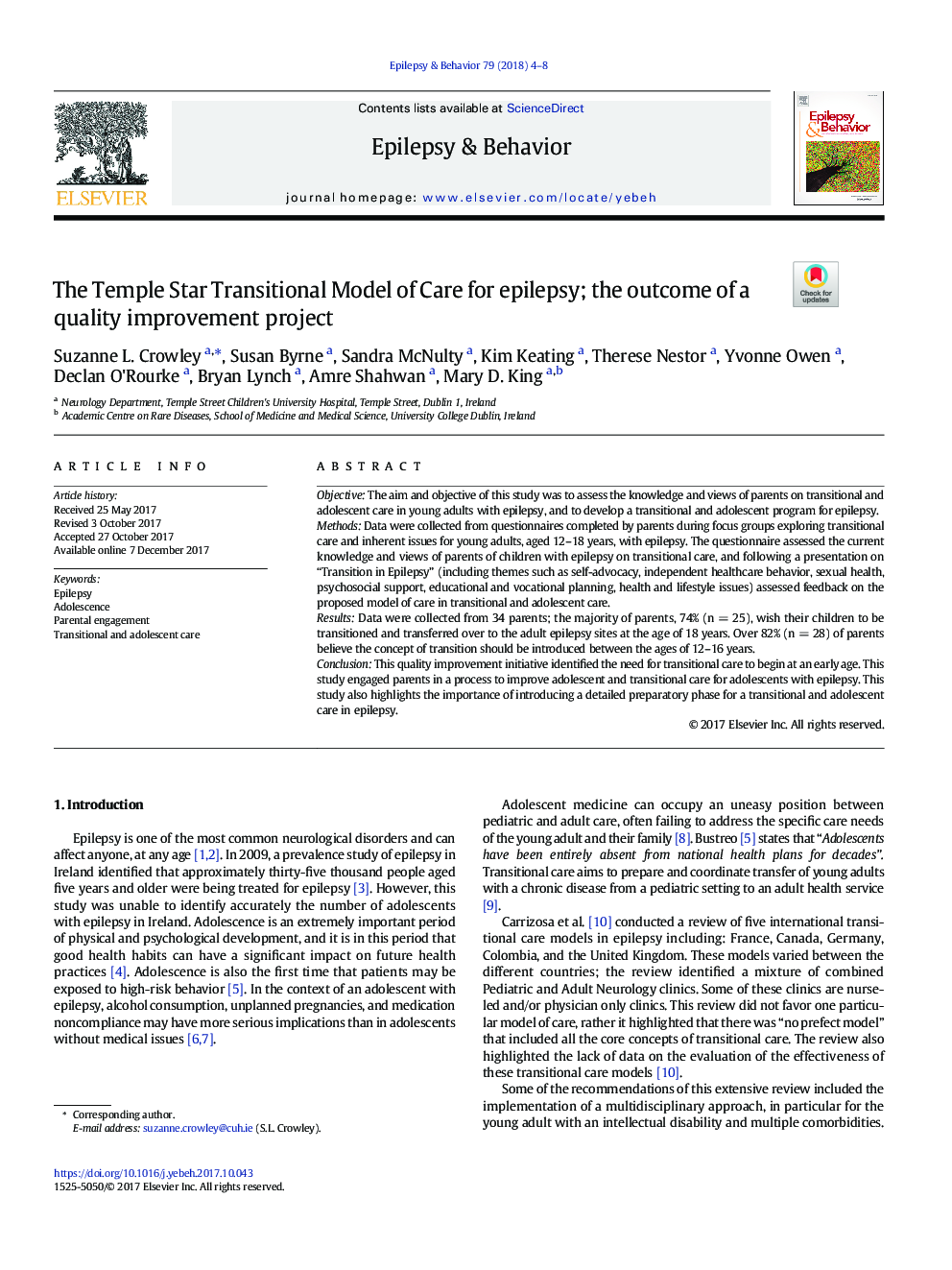 The Temple Star Transitional Model of Care for epilepsy; the outcome of a quality improvement project