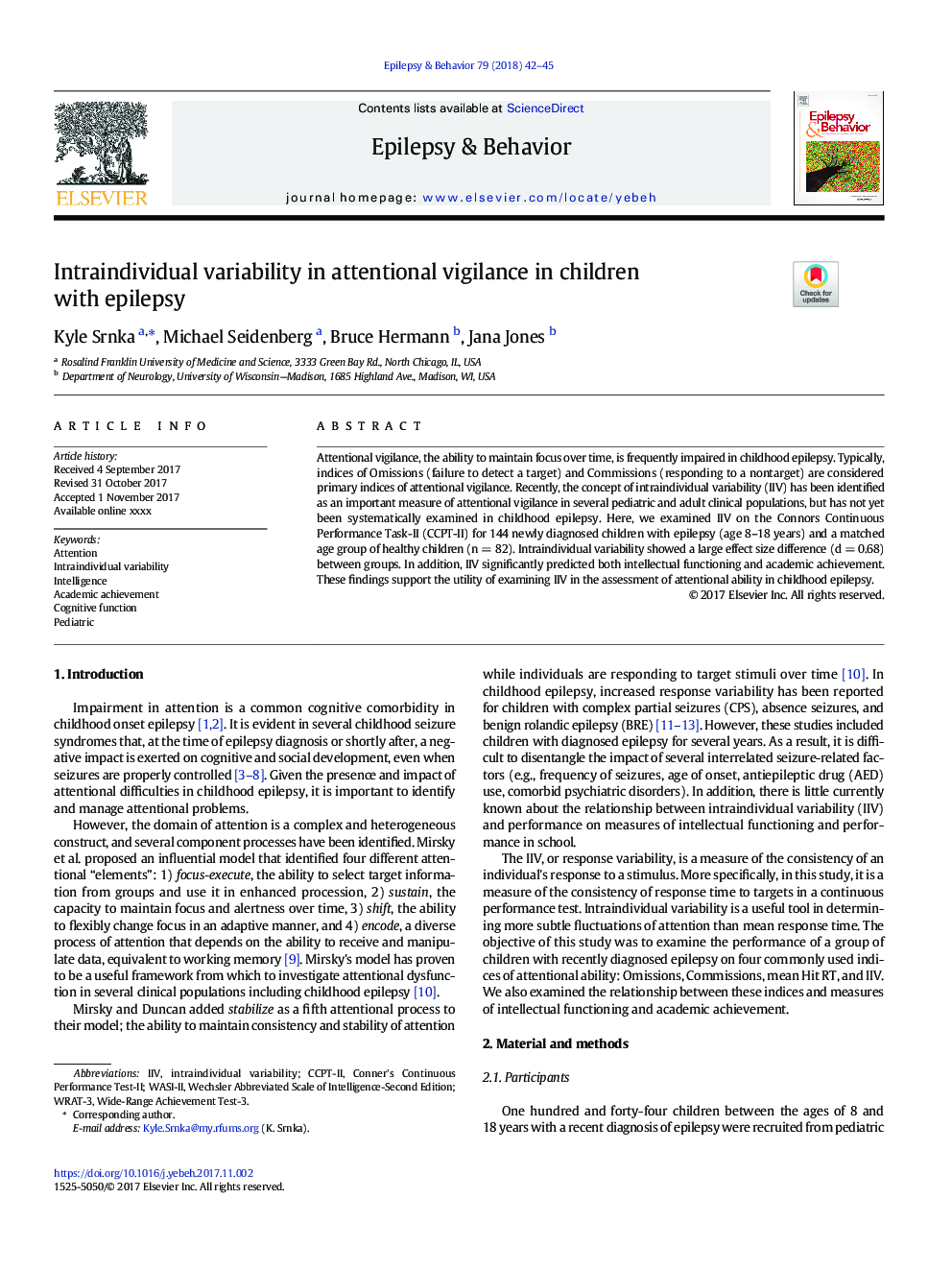Intraindividual variability in attentional vigilance in children with epilepsy