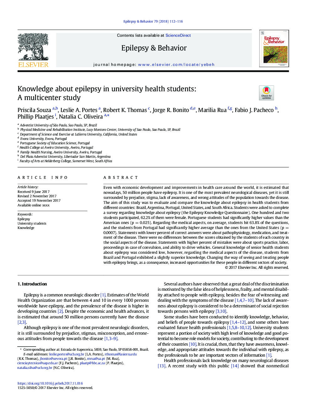 Knowledge about epilepsy in university health students: A multicenter study