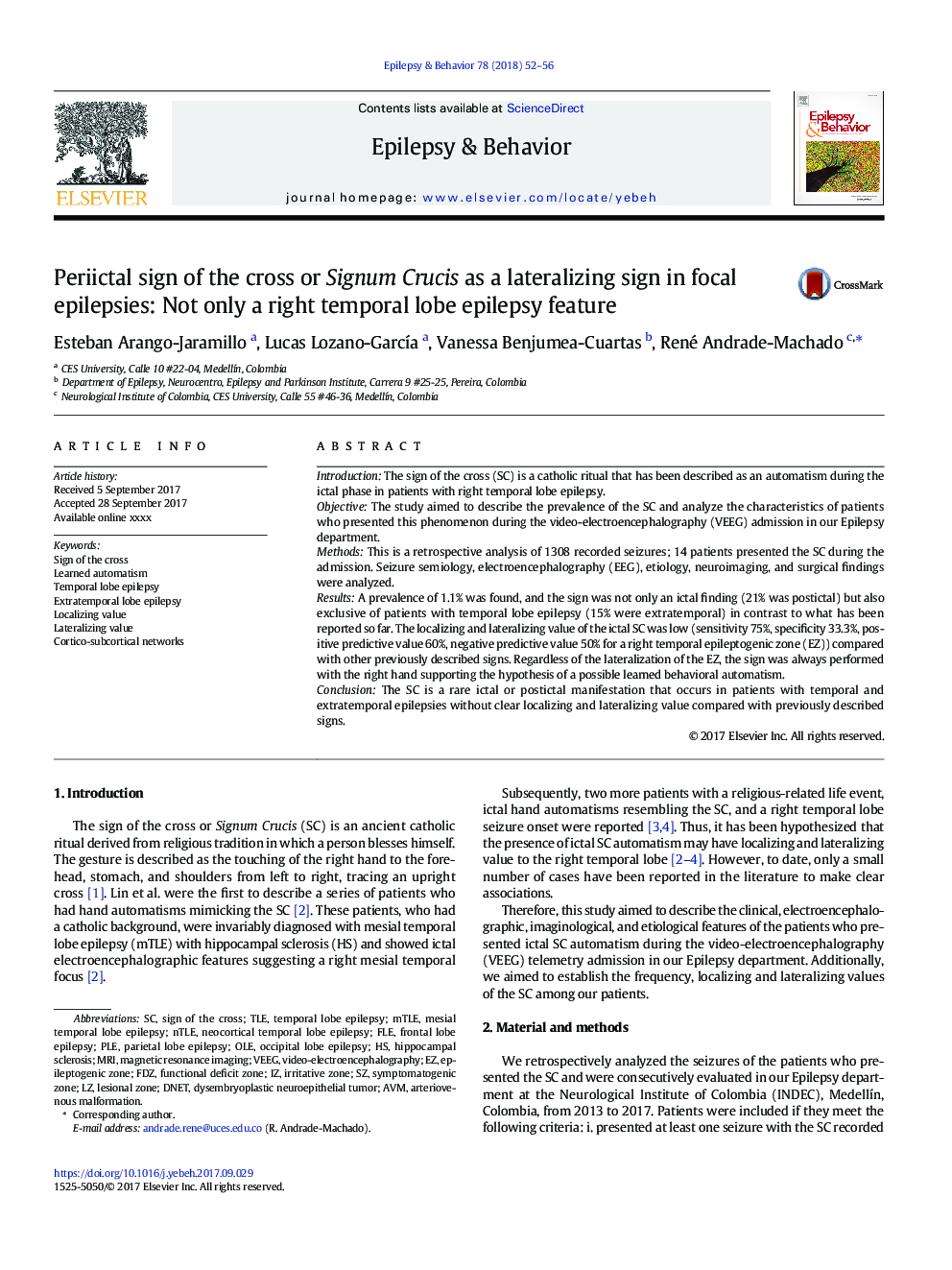 Periictal sign of the cross or Signum Crucis as a lateralizing sign in focal epilepsies: Not only a right temporal lobe epilepsy feature