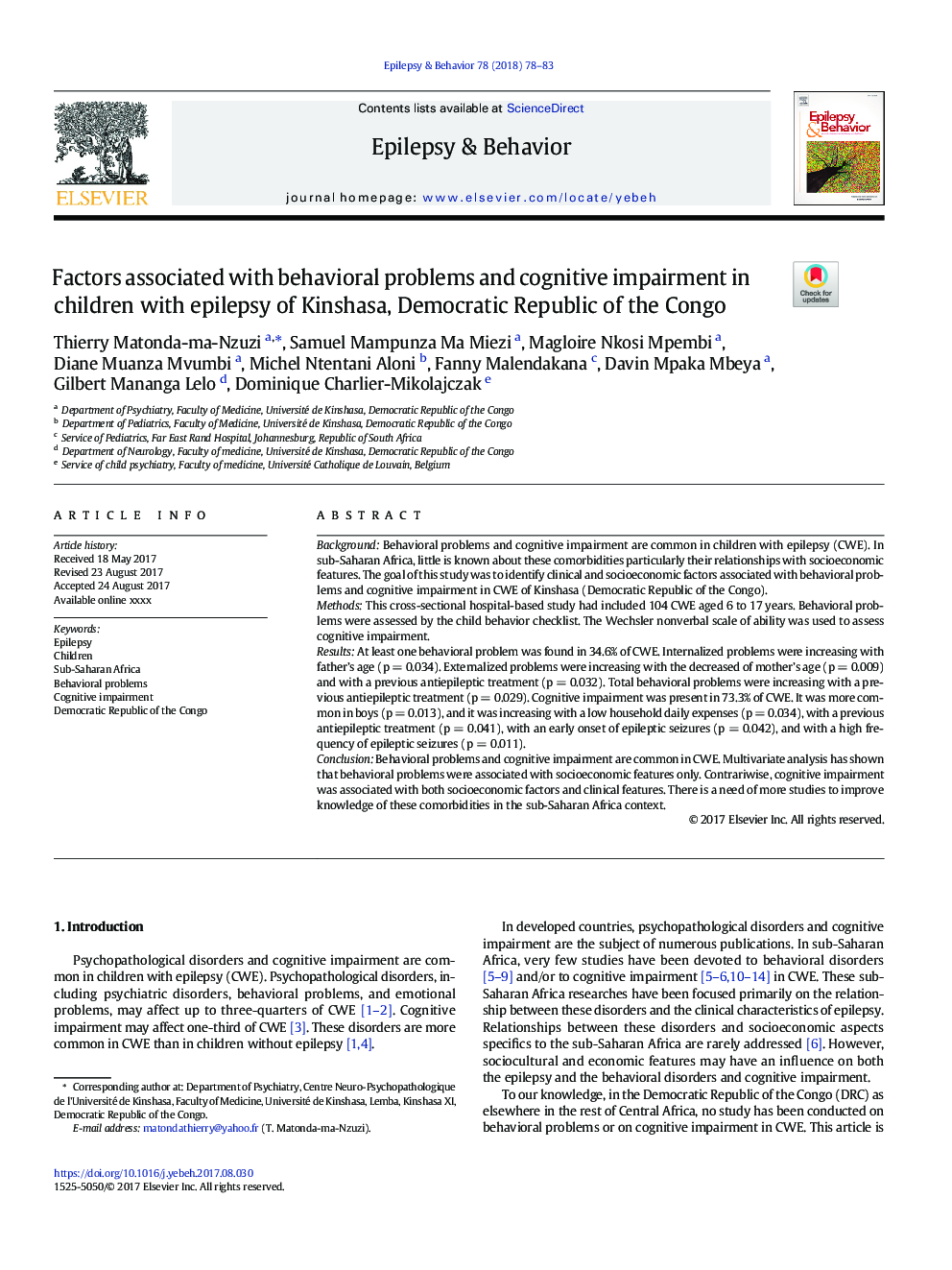 Factors associated with behavioral problems and cognitive impairment in children with epilepsy of Kinshasa, Democratic Republic of the Congo