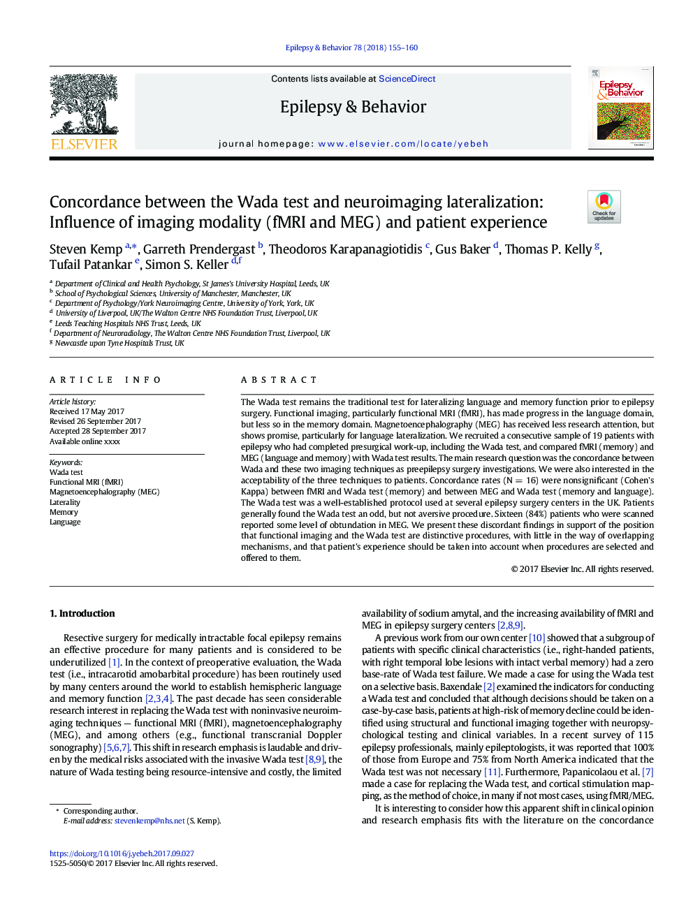 Concordance between the Wada test and neuroimaging lateralization: Influence of imaging modality (fMRI and MEG) and patient experience