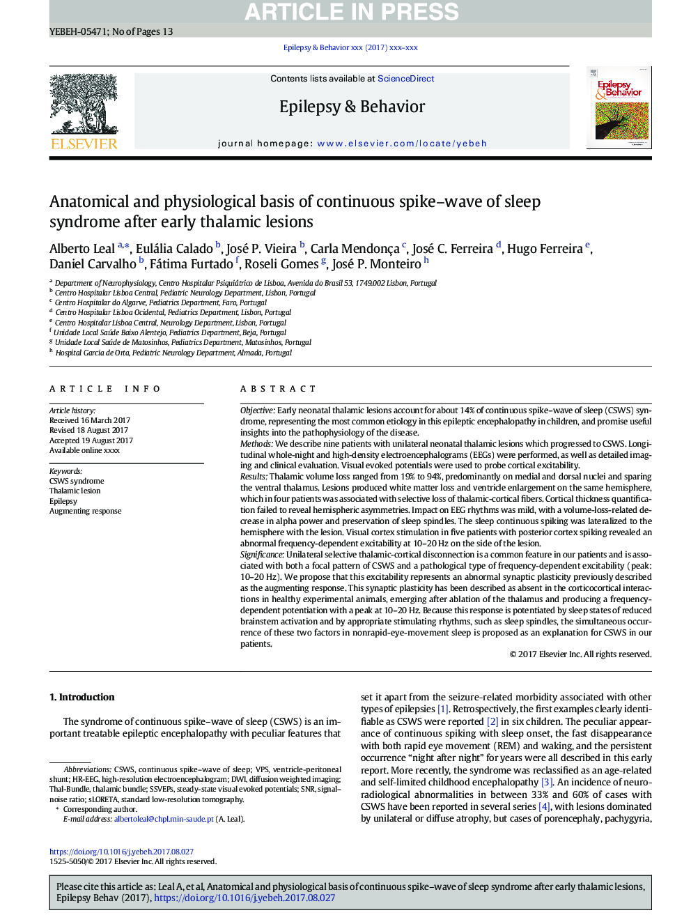 Anatomical and physiological basis of continuous spike-wave of sleep syndrome after early thalamic lesions