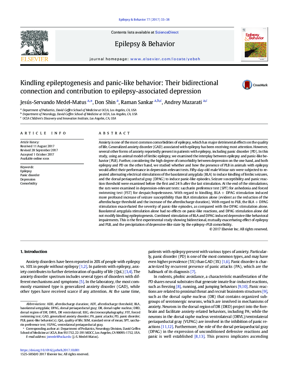 Kindling epileptogenesis and panic-like behavior: Their bidirectional connection and contribution to epilepsy-associated depression