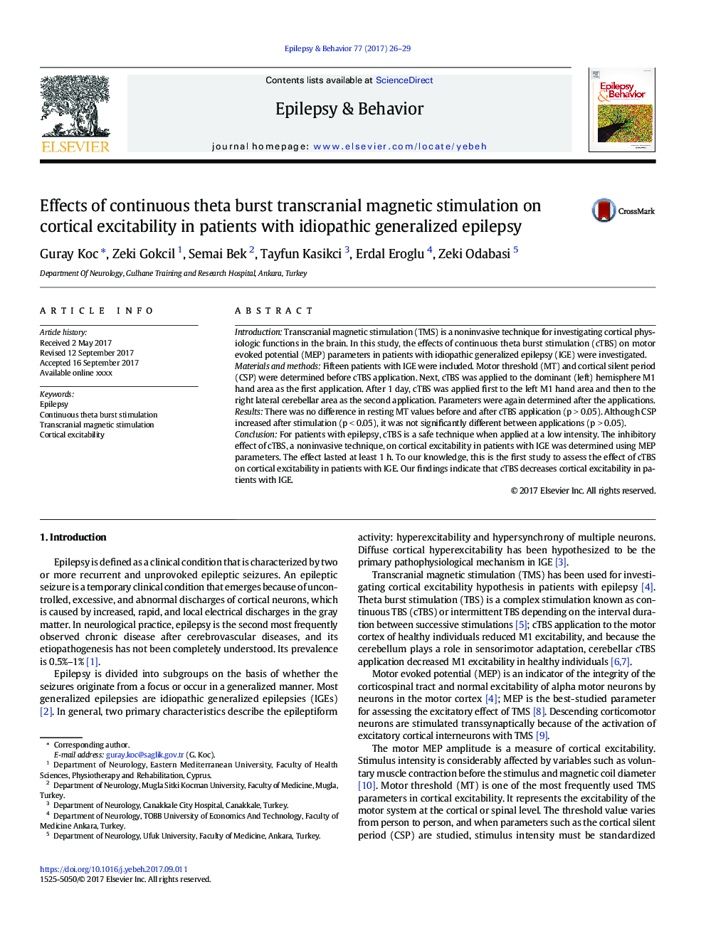 Effects of continuous theta burst transcranial magnetic stimulation on cortical excitability in patients with idiopathic generalized epilepsy