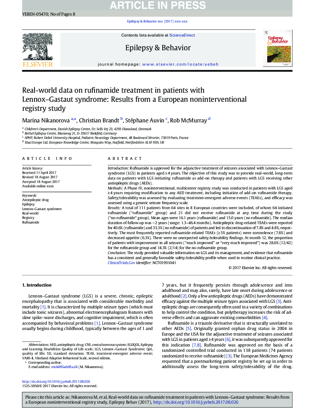 Real-world data on rufinamide treatment in patients with Lennox-Gastaut syndrome: Results from a European noninterventional registry study