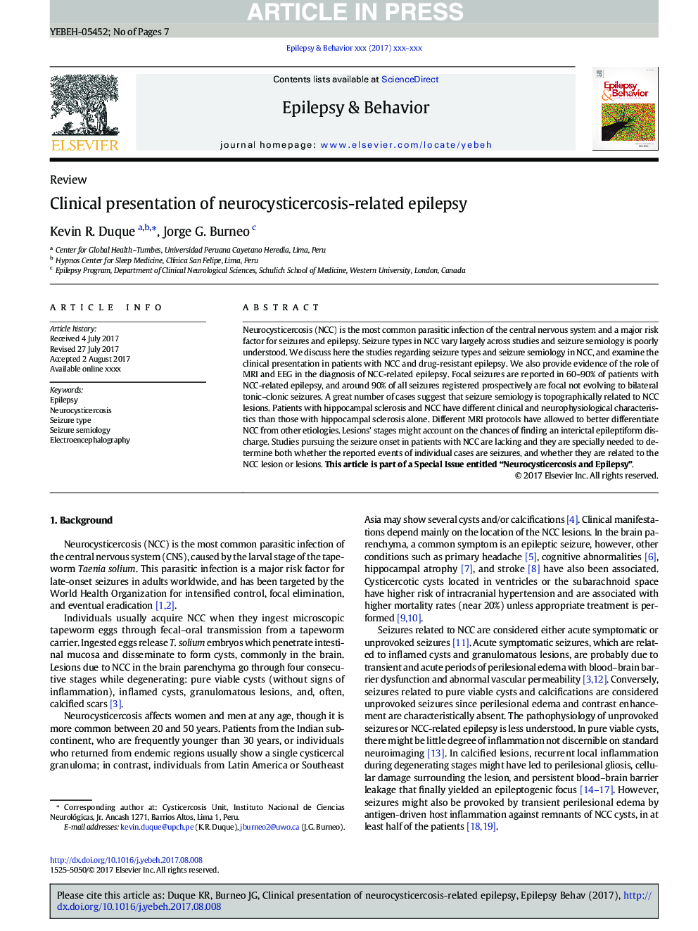 Clinical presentation of neurocysticercosis-related epilepsy