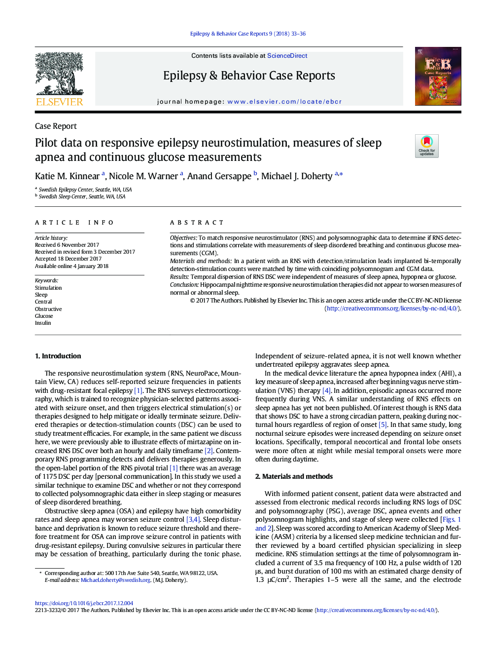 Pilot data on responsive epilepsy neurostimulation, measures of sleep apnea and continuous glucose measurements