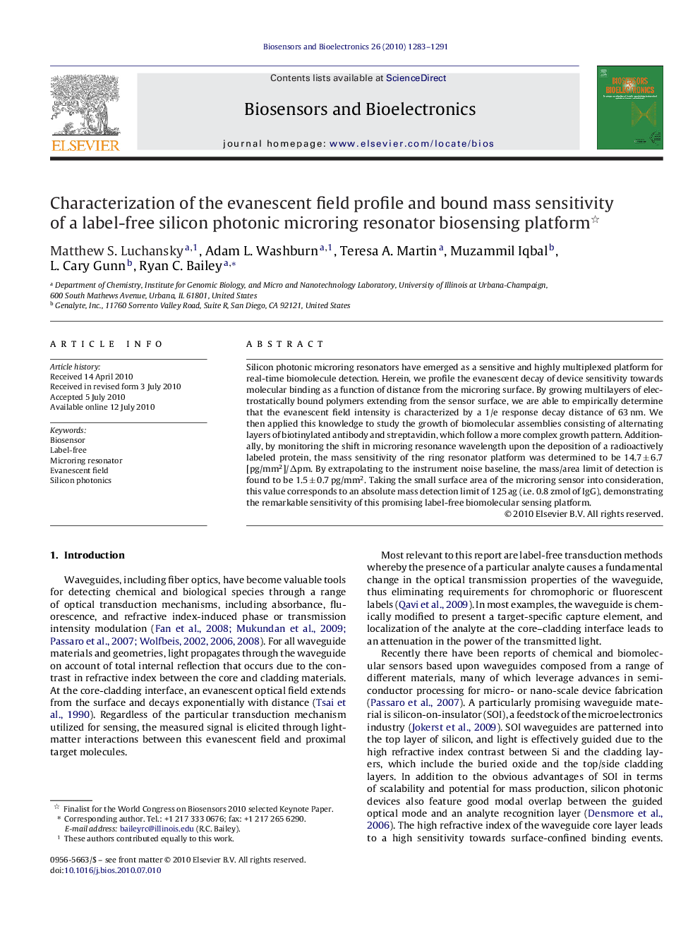 Characterization of the evanescent field profile and bound mass sensitivity of a label-free silicon photonic microring resonator biosensing platform 