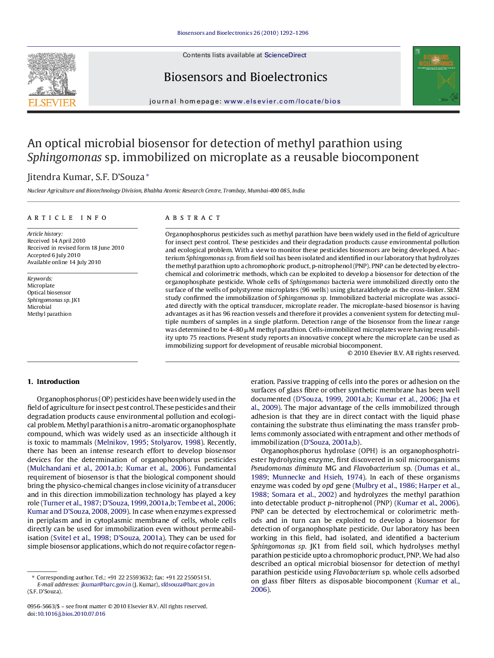 An optical microbial biosensor for detection of methyl parathion using Sphingomonas sp. immobilized on microplate as a reusable biocomponent