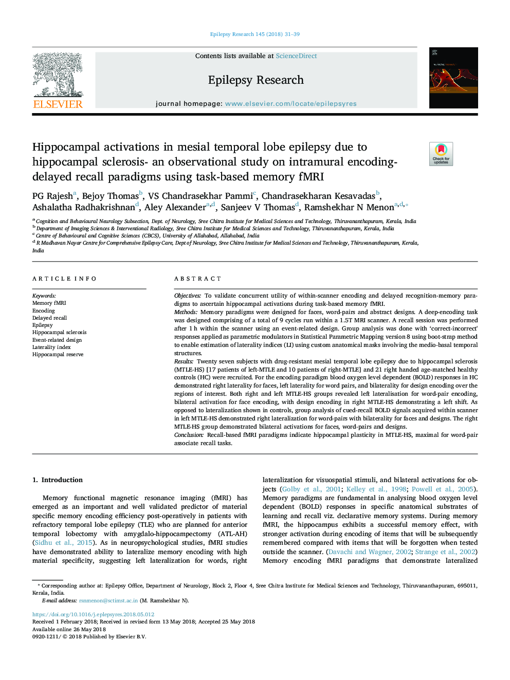 Hippocampal activations in mesial temporal lobe epilepsy due to hippocampal sclerosis- an observational study on intramural encoding-delayed recall paradigms using task-based memory fMRI