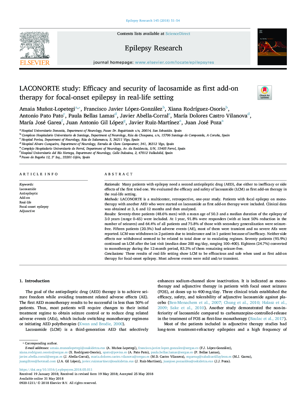 LACONORTE study: Efficacy and security of lacosamide as first add-on therapy for focal-onset epilepsy in real-life setting