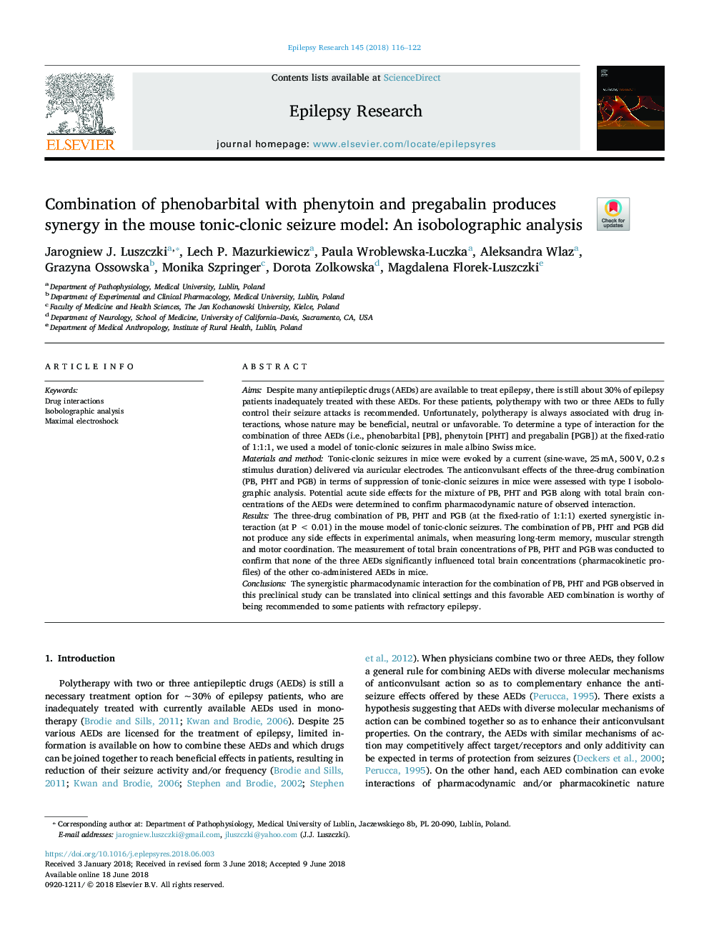 Combination of phenobarbital with phenytoin and pregabalin produces synergy in the mouse tonic-clonic seizure model: An isobolographic analysis