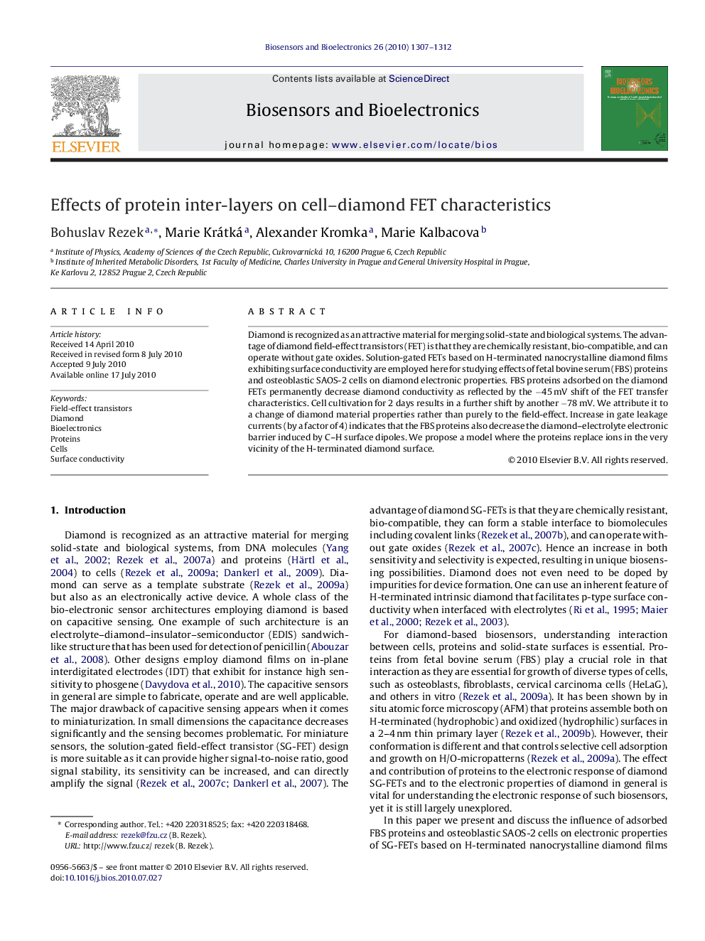 Effects of protein inter-layers on cell–diamond FET characteristics