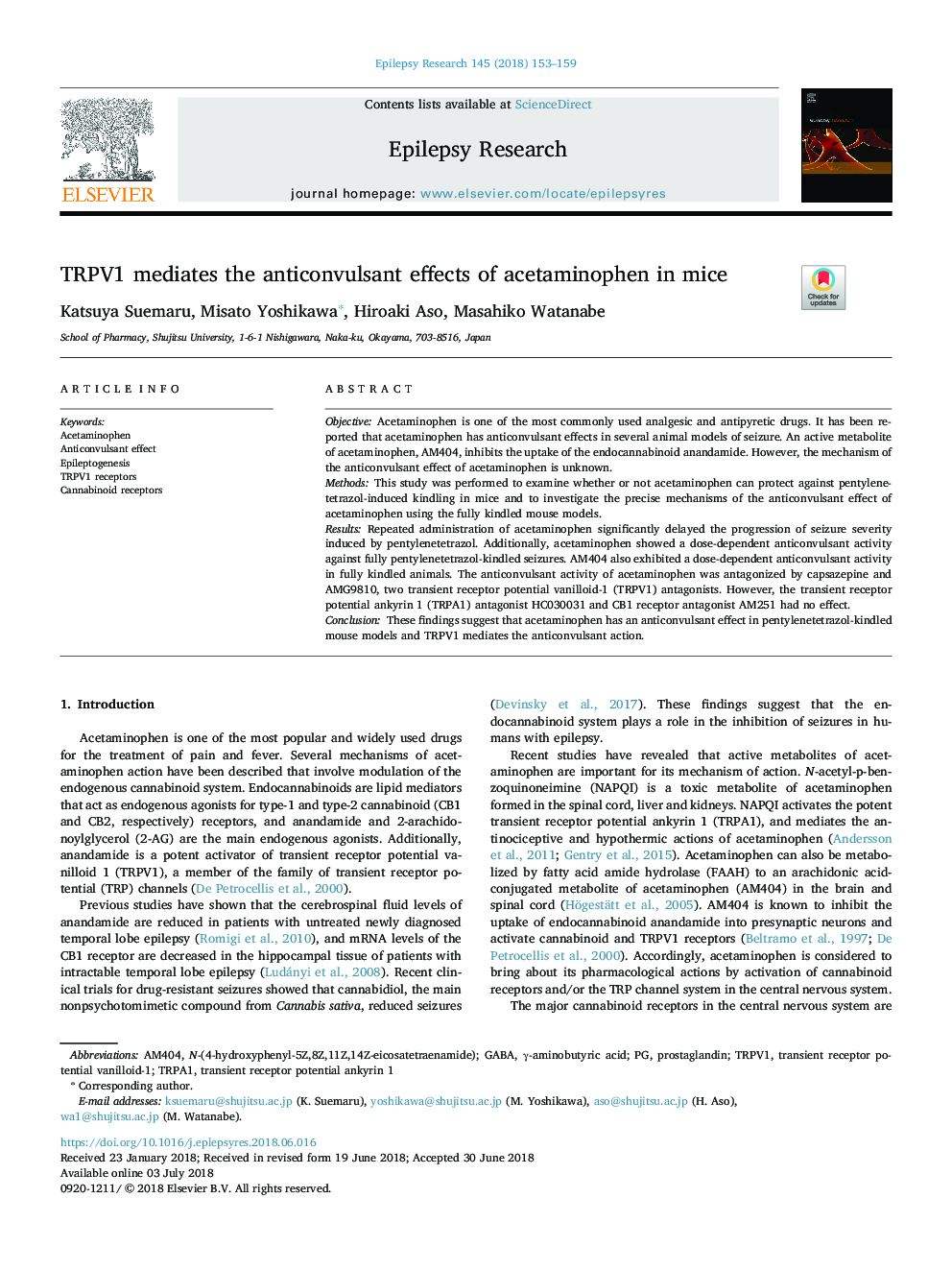 TRPV1 mediates the anticonvulsant effects of acetaminophen in mice