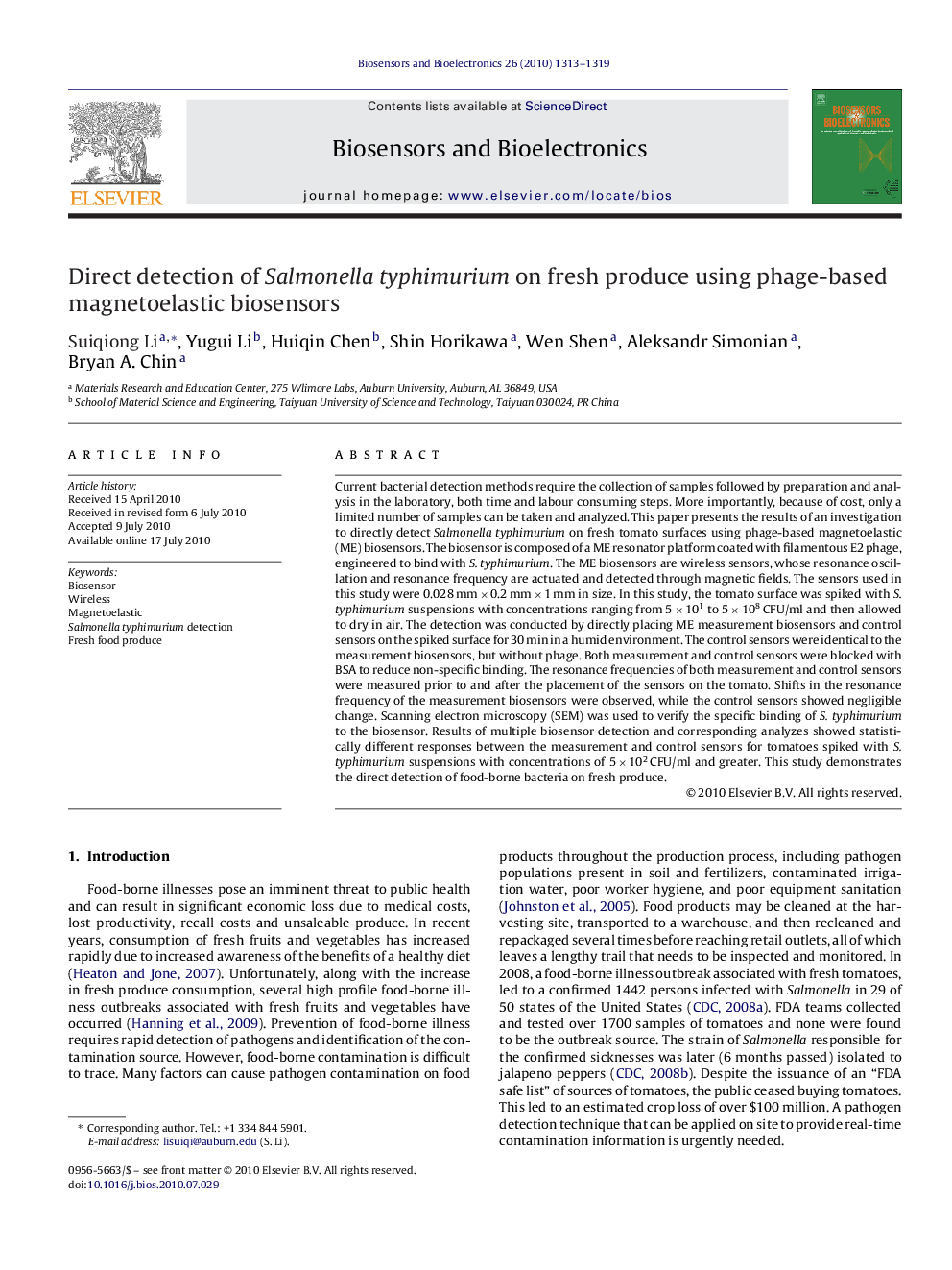 Direct detection of Salmonella typhimurium on fresh produce using phage-based magnetoelastic biosensors