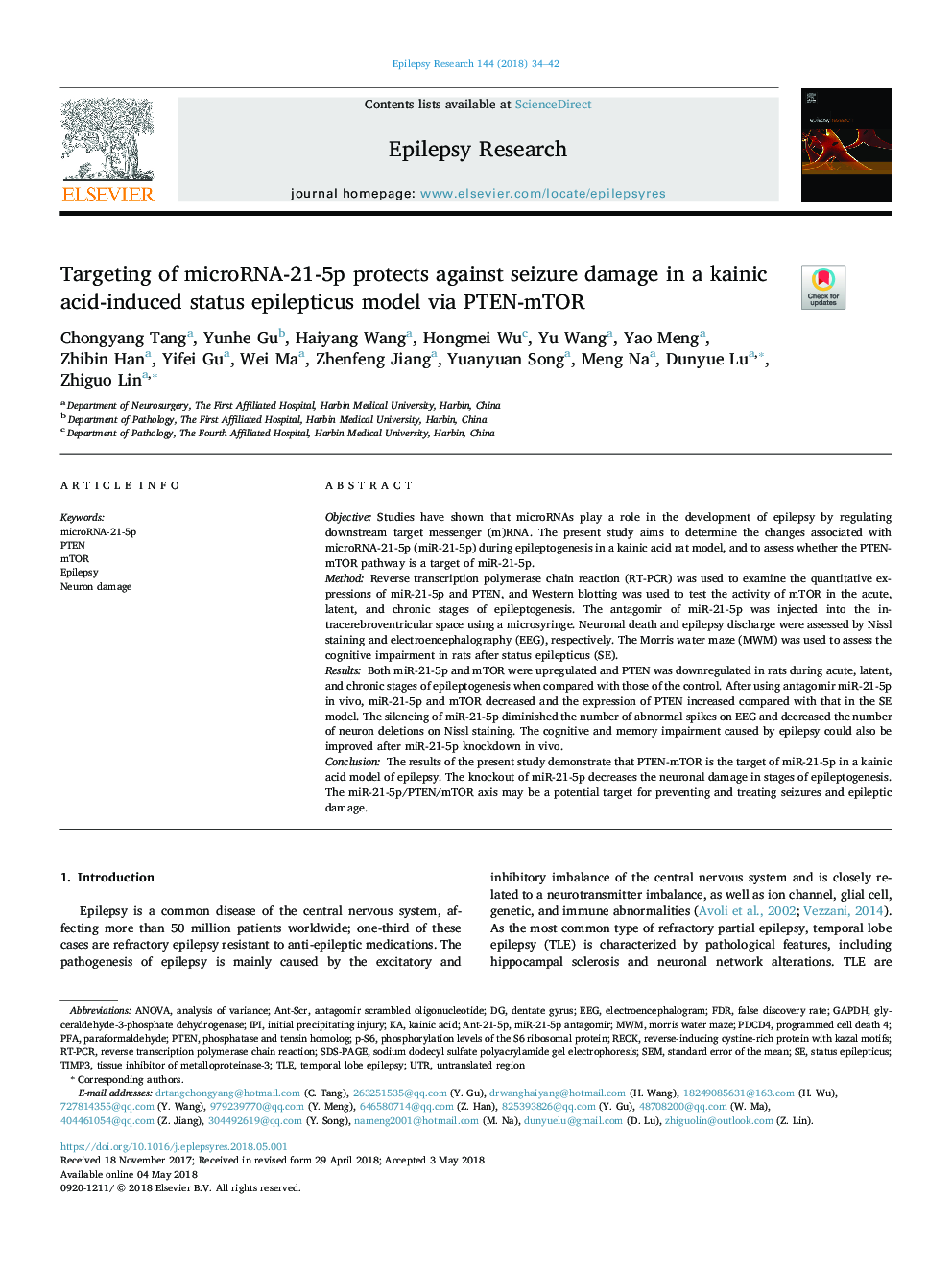 عکس صفحه اول مقاله: Targeting of microRNA-21-5p protects against seizure damage in a kainic acid-induced status epilepticus model via PTEN-mTOR Targeting of microRNA-21-5p protects against seizure damage in a kainic acid-induced status epilepticus model via PTEN-mTOR