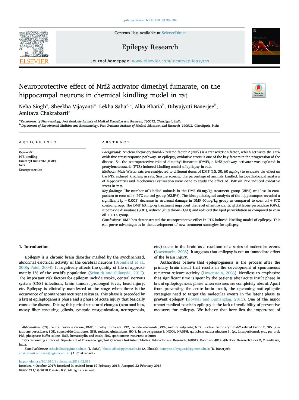 Neuroprotective effect of Nrf2 activator dimethyl fumarate, on the hippocampal neurons in chemical kindling model in rat