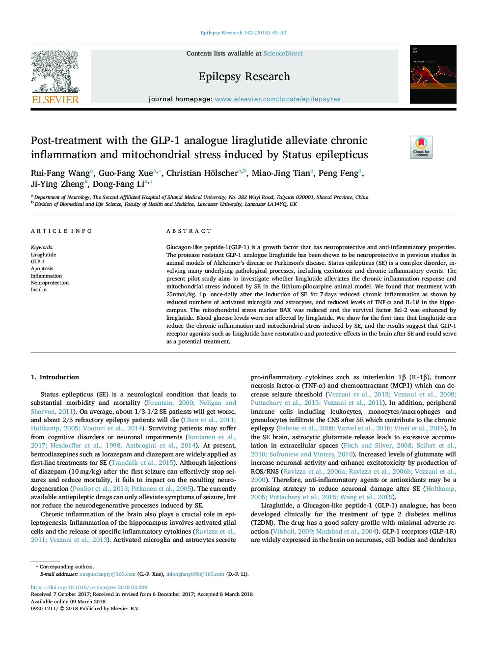 Post-treatment with the GLP-1 analogue liraglutide alleviate chronic inflammation and mitochondrial stress induced by Status epilepticus