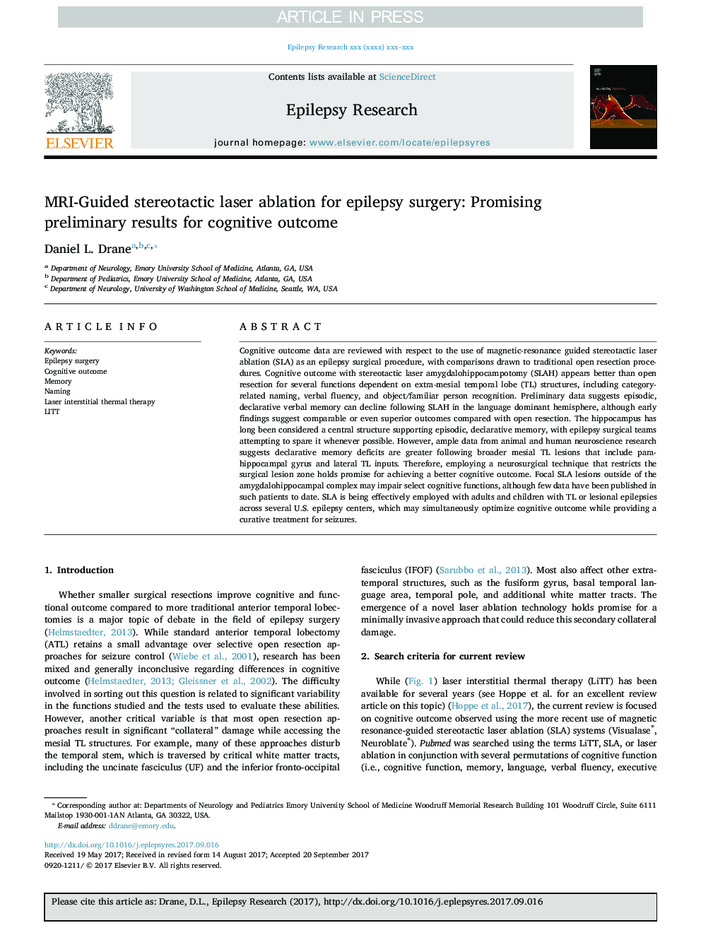 MRI-Guided stereotactic laser ablation for epilepsy surgery: Promising preliminary results for cognitive outcome