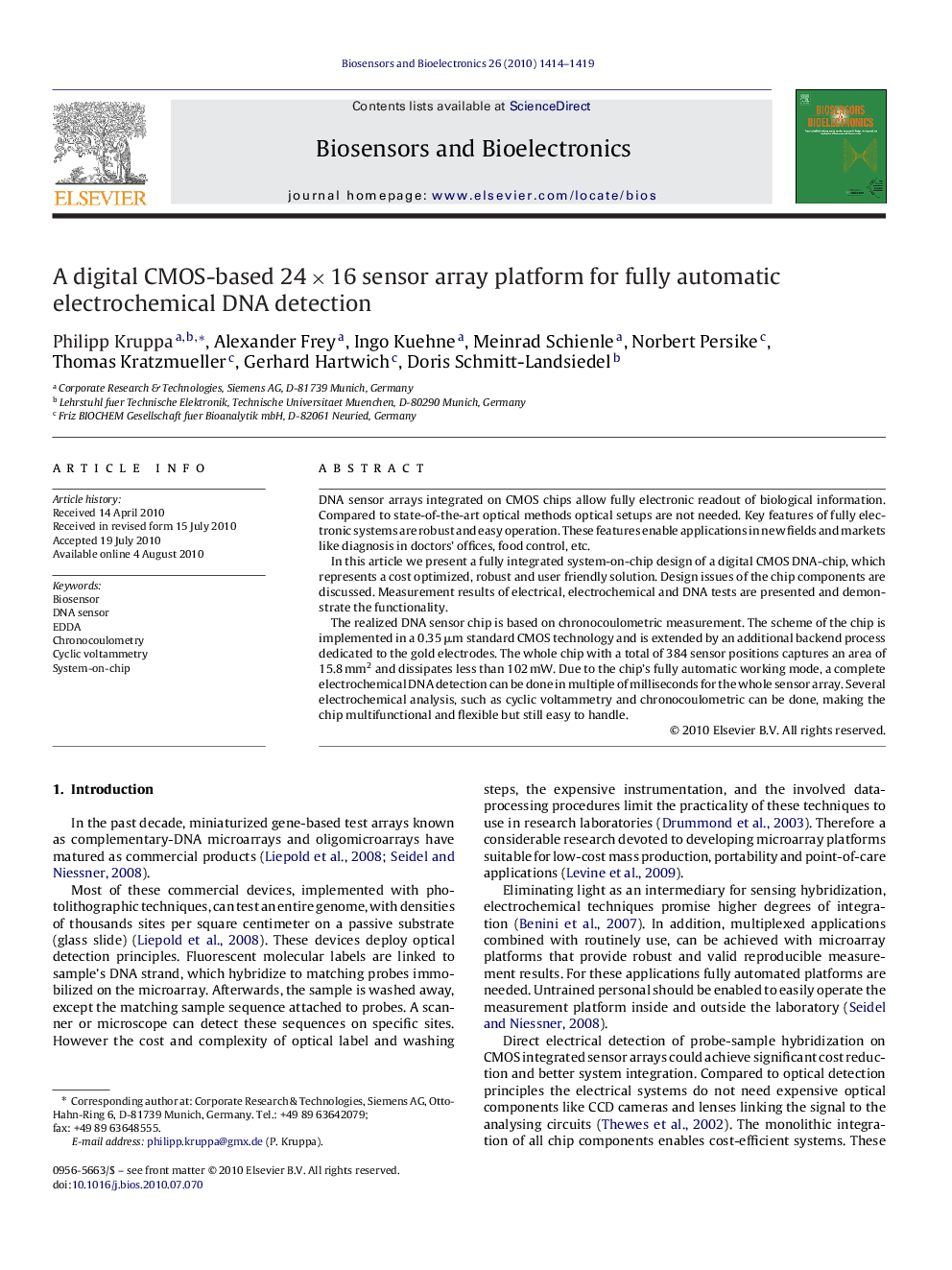 A digital CMOS-based 24 × 16 sensor array platform for fully automatic electrochemical DNA detection