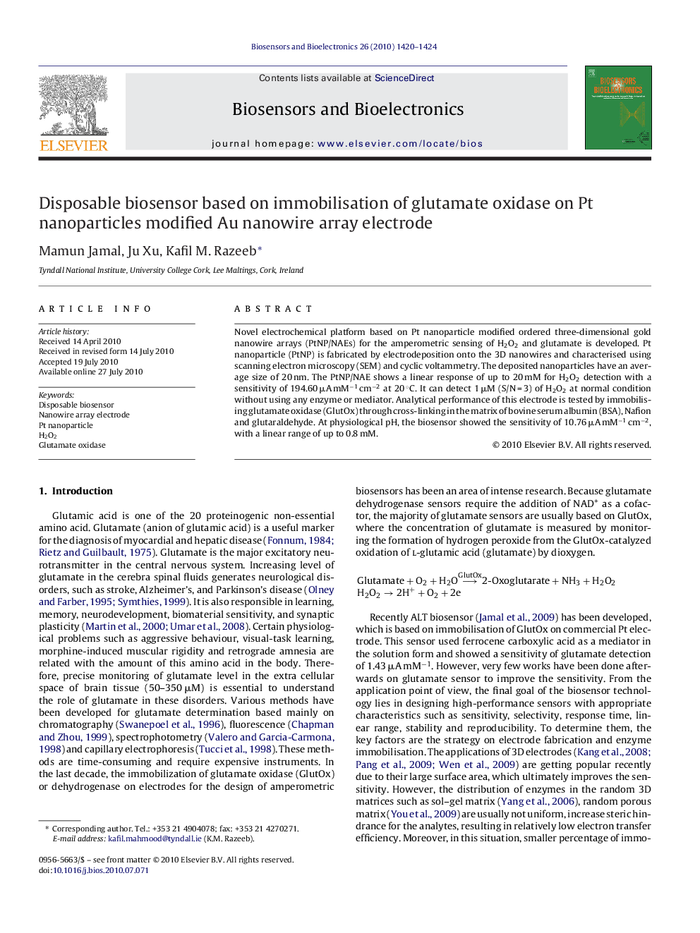 Disposable biosensor based on immobilisation of glutamate oxidase on Pt nanoparticles modified Au nanowire array electrode