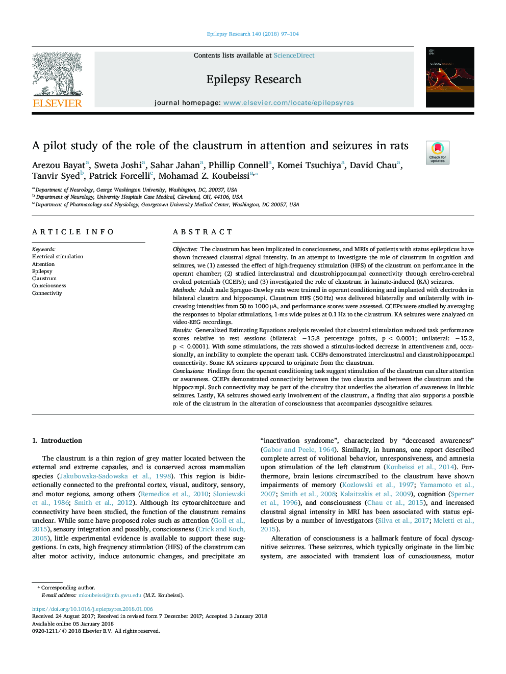 A pilot study of the role of the claustrum in attention and seizures in rats