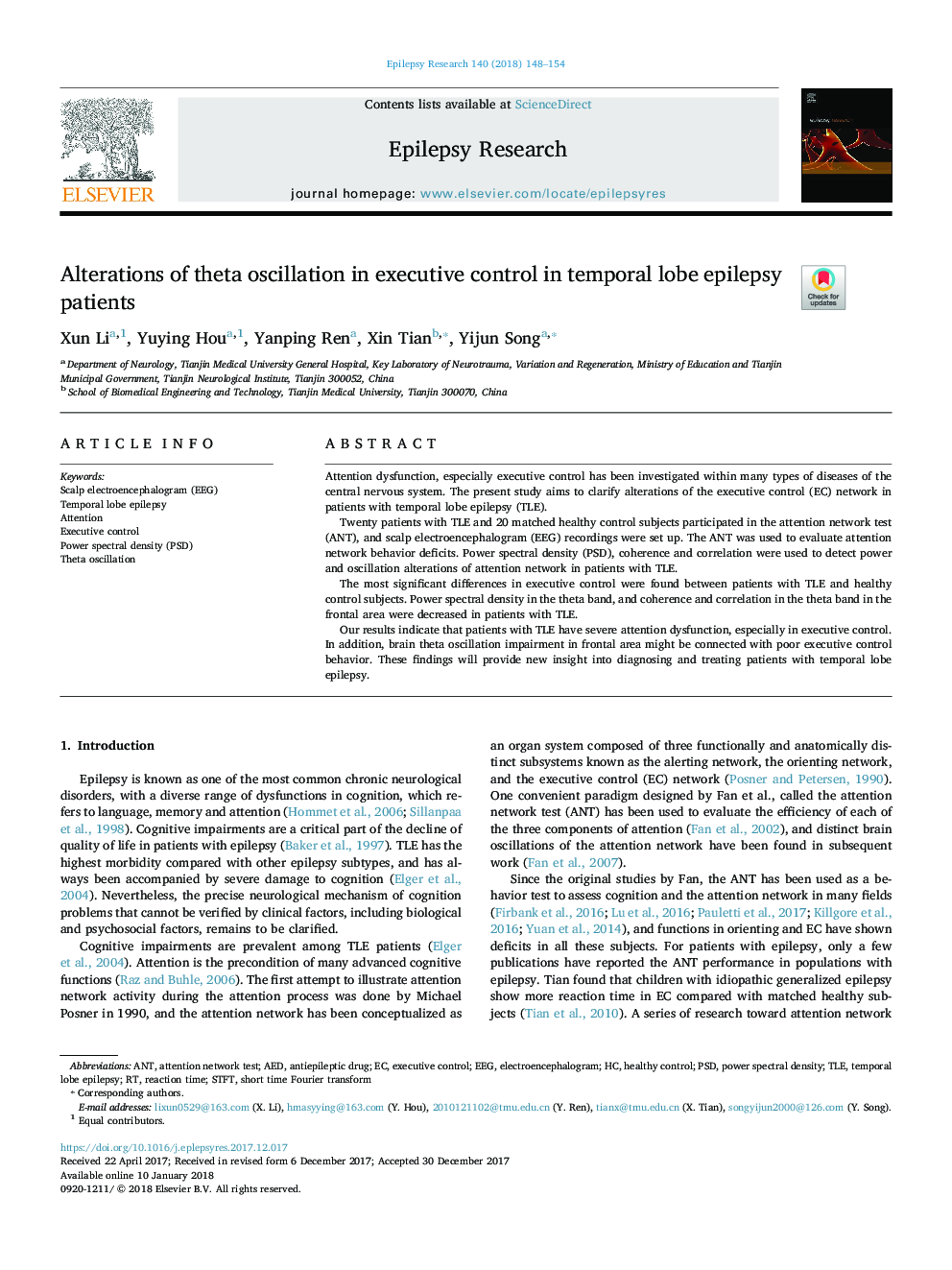 Alterations of theta oscillation in executive control in temporal lobe epilepsy patients