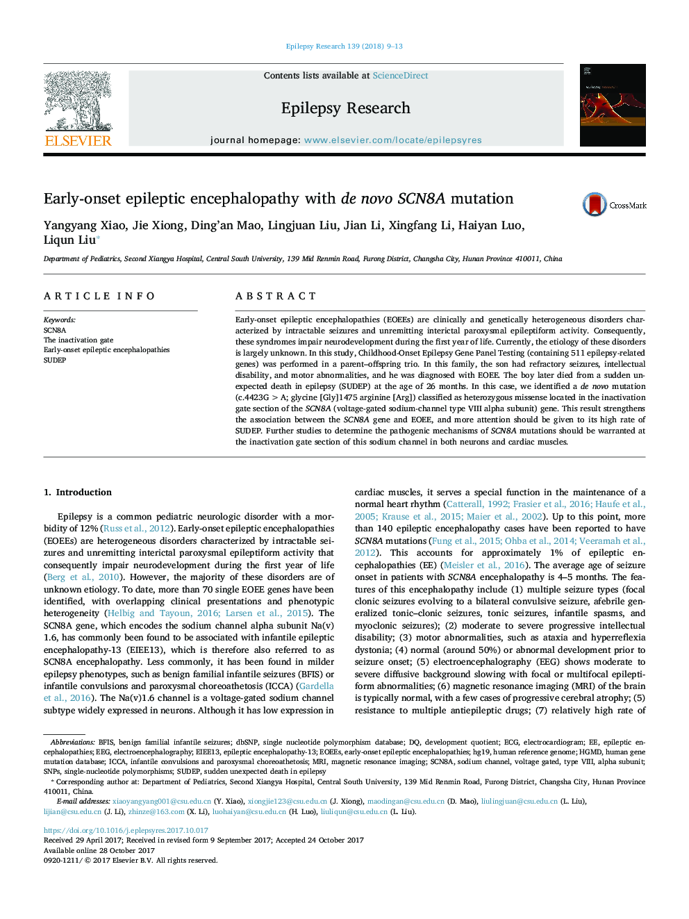 Early-onset epileptic encephalopathy with de novo SCN8A mutation