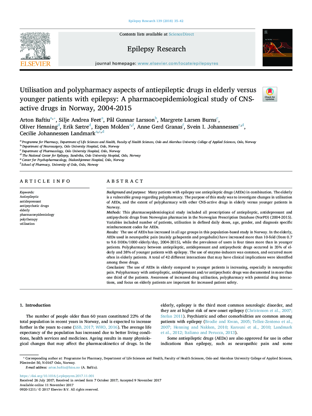 Utilisation and polypharmacy aspects of antiepileptic drugs in elderly versus younger patients with epilepsy: A pharmacoepidemiological study of CNS-active drugs in Norway, 2004-2015