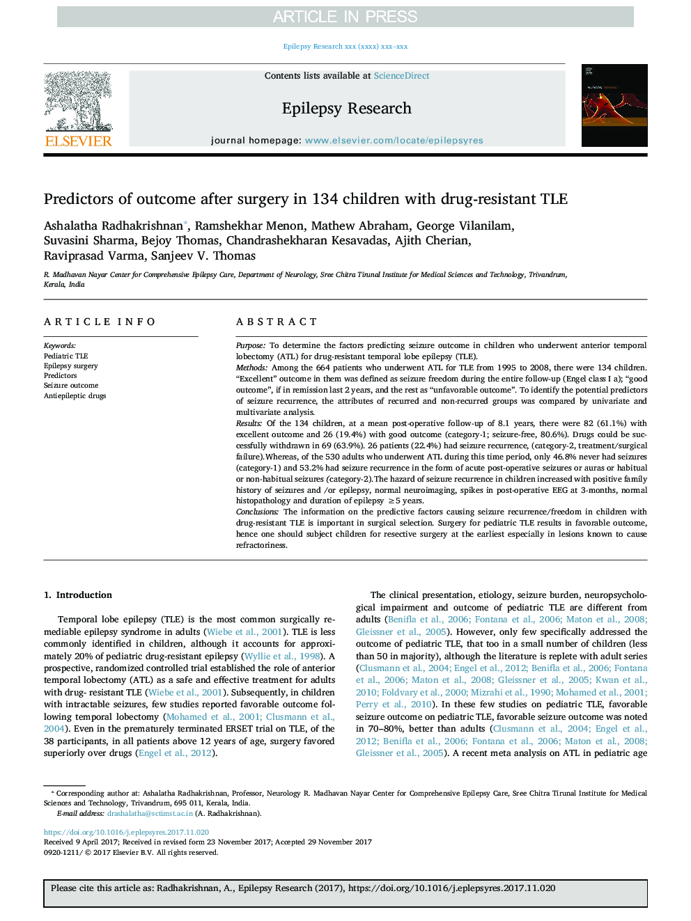 Predictors of outcome after surgery in 134 children with drug-resistant TLE