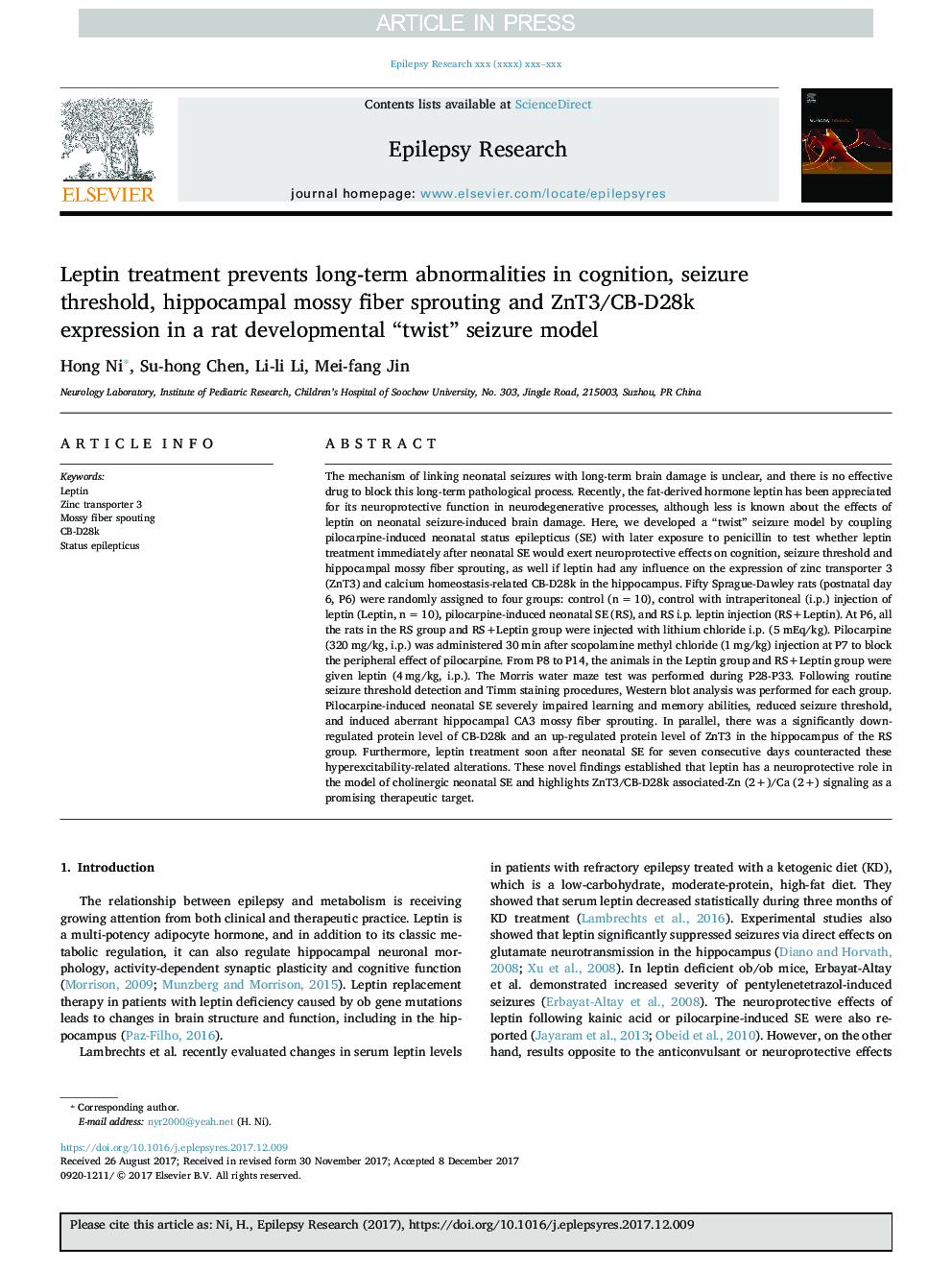 Leptin treatment prevents long-term abnormalities in cognition, seizure threshold, hippocampal mossy fiber sprouting and ZnT3/CB-D28k expression in a rat developmental “twist” seizure model